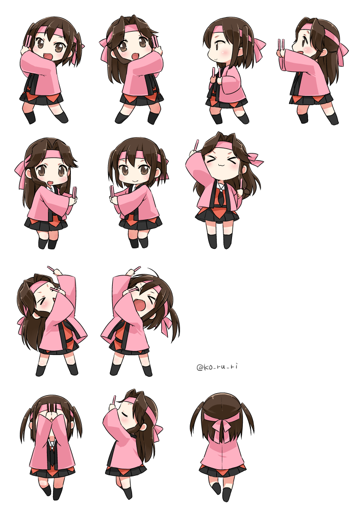 &gt;_&lt; 2girls :3 :d brown_eyes brown_hair hachimaki hair_intakes headband jinbei_(clothes) jintsuu_(kantai_collection) kantai_collection ko_ru_ri long_hair looking_at_viewer multiple_girls open_mouth sendai_(kantai_collection) short_hair smile two_side_up xd