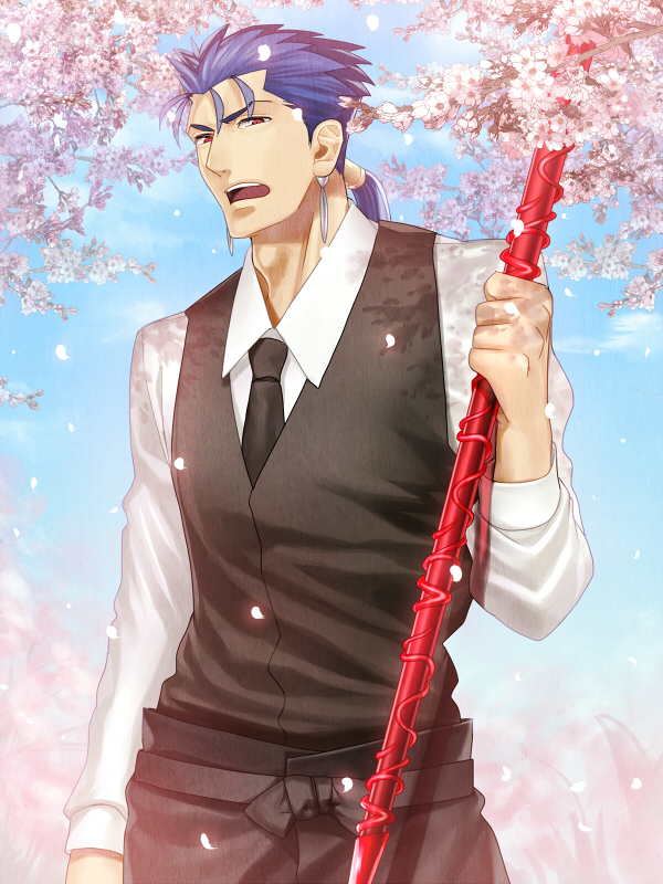 1boy blue_hair cherry_blossoms earrings fate/hollow_ataraxia fate_(series) gae_bolg jewelry lancer long_hair mitsuki_mitsuno petals polearm ponytail red_eyes solo spear waistcoat waiter weapon