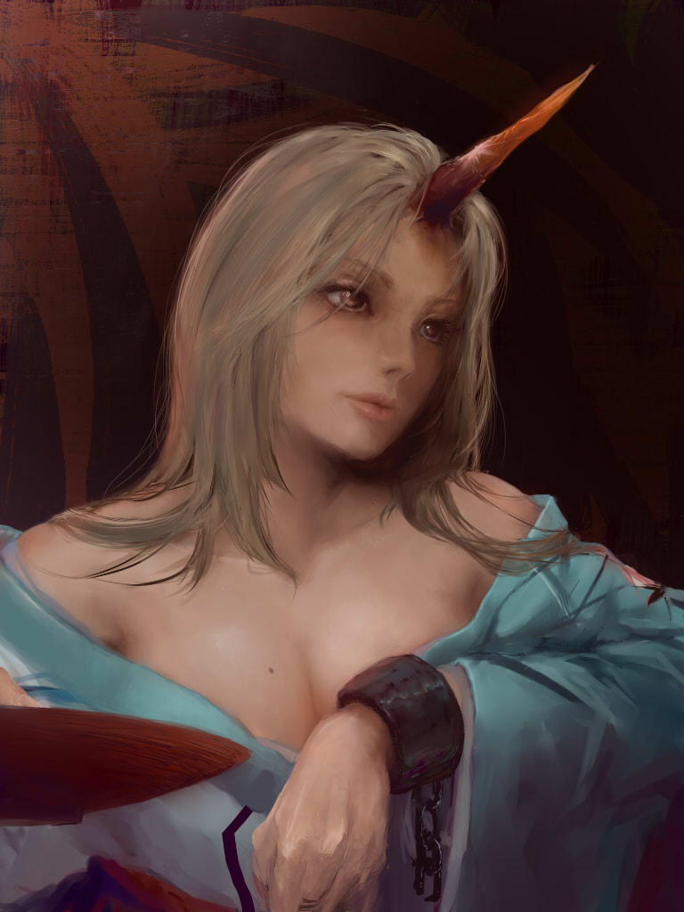 1girl alternate_costume bare_shoulders blonde_hair breasts bust chain cleavage cuffs eyelashes faux_traditional_media gradient gradient_background hi-yo horn hoshiguma_yuugi japanese_clothes kimono lips long_hair looking_away manacles nose off_shoulder realistic red_eyes sakazuki simple_background solo touhou