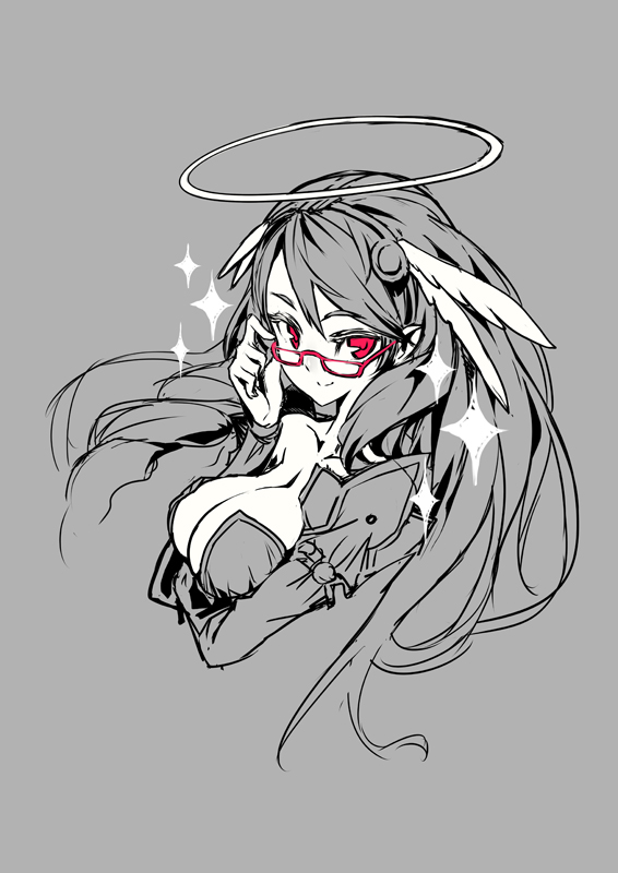 1girl archangel_(p&amp;d) breast_hold breasts cleavage glasses halo head_wings hong_(white_spider) large_breasts long_hair puzzle_&amp;_dragons red-framed_glasses smile solo sparkle spot_color