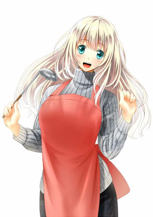 1girl alternate_costume apron aqua_eyes atago_(kantai_collection) blonde_hair breasts itoguchi_(manma_melon) kantai_collection ladle large_breasts long_hair personification simple_background smile solo sweater white_background