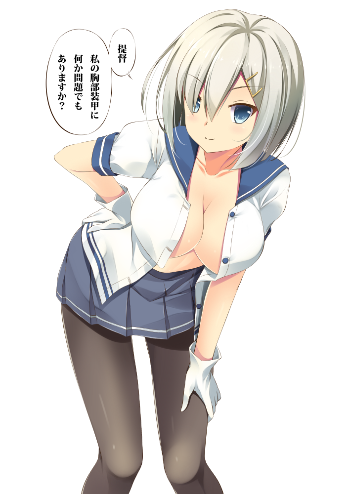 1girl blue_eyes blush breasts cleavage gloves hair_ornament hair_over_one_eye hairclip hamakaze_(kantai_collection) kantai_collection large_breasts leaning_forward onaka_sukisuki open_clothes open_shirt pantyhose personification silver_hair simple_background smile solo translation_request white_background white_gloves
