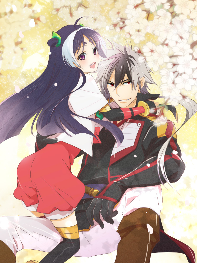 1boy 1girl black_hair f-tani grey_hair himiko_(nobunaga_the_fool) long_hair multicolored_hair nobunaga_the_fool oda_nobunaga_(nobunaga_the_fool) purple_hair red_eyes short_hair two-tone_hair violet_eyes white_hair