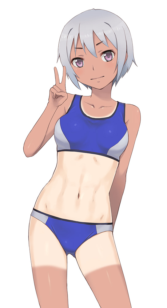 1girl bikini hashi looking_at_viewer navel original pink_eyes short_hair silver_hair smile solo swimsuit tan tankini tanline v