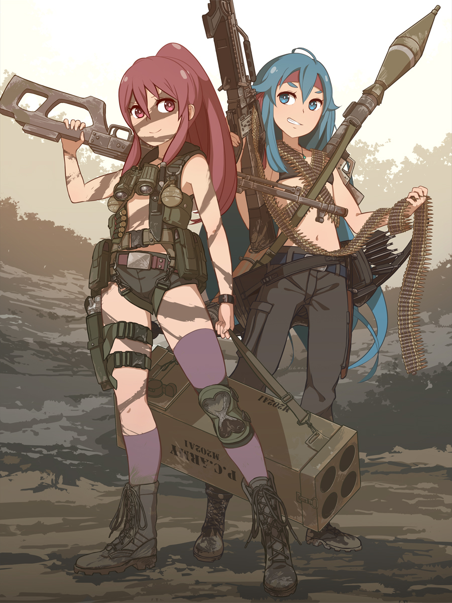 2girls aino_megumi blue_eyes blue_hair boots camouflage cross-laced_footwear happinesscharge_precure! headband highres hisano_motoki long_hair military multiple_girls navel ponytail precure red_eyes redhead rocket_launcher rpg rpg-7 shirayuki_hime shorts smile tagme thigh-highs weapon