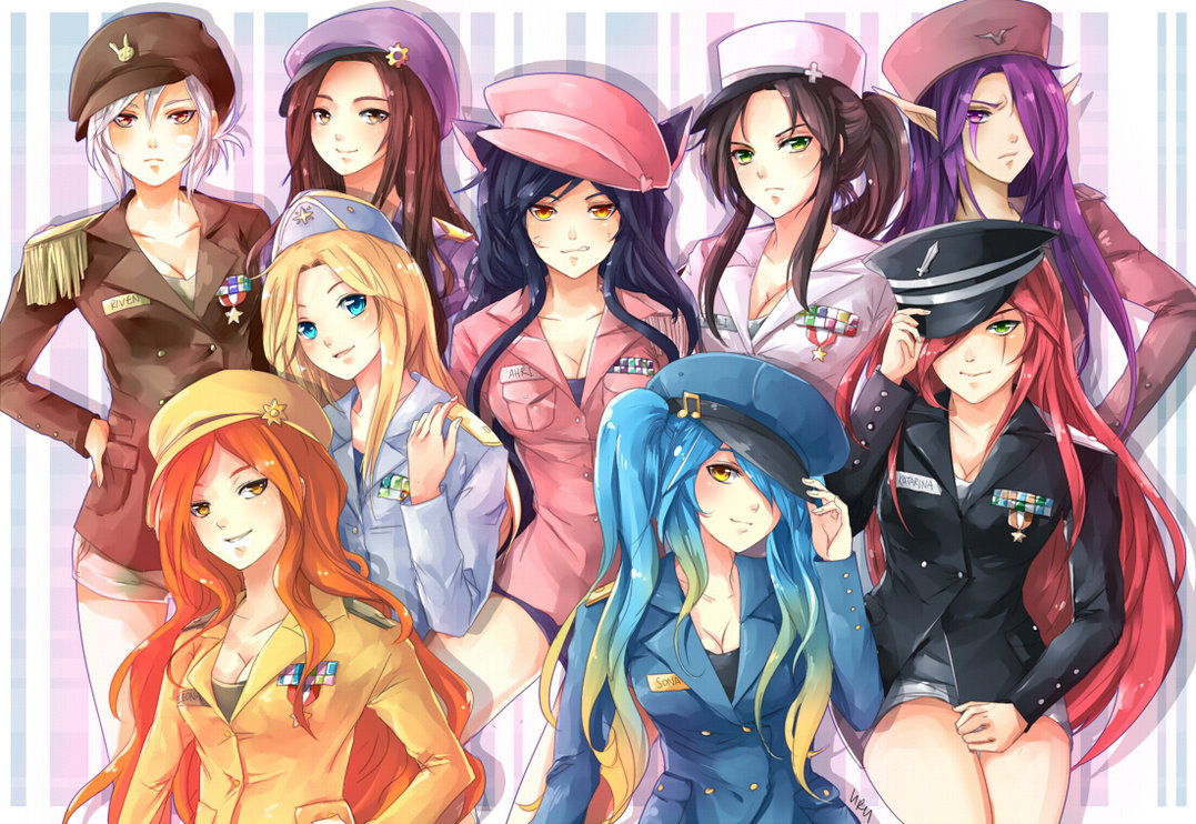 ahri akali badge blue_eyes blue_hair breasts caitlyn_(league_of_legends) cleavage girls'_generation hair_over_one_eye katarina_du_couteau league_of_legends licking_lips long_hair luxanna_crownguard medal morgana musical_note orange_hair parody pointy_ears ponytail purple_hair redhead riven_(league_of_legends) sarah_fortune scar short_hair short_shorts shorts sona_buvelle thighs twintails uniform white_hair