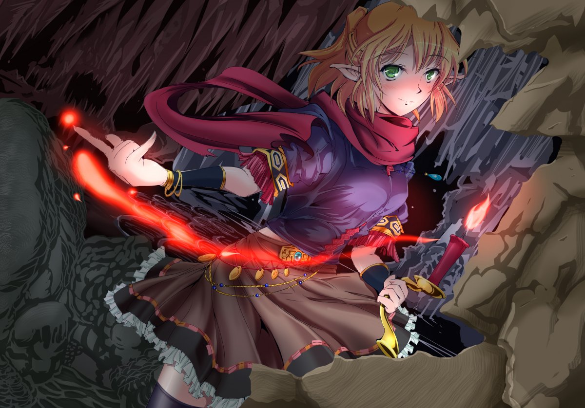 1girl alternate_costume anime_coloring arm_warmers b_dome belt blonde_hair bracelet candle candlelight cave dutch_angle fingernails fire frilled_skirt frills green_eyes jewelry light_smile looking_at_viewer mizuhashi_parsee outstretched_arm pendant pointy_ears scarf short_hair short_sleeves skirt solo thigh-highs touhou