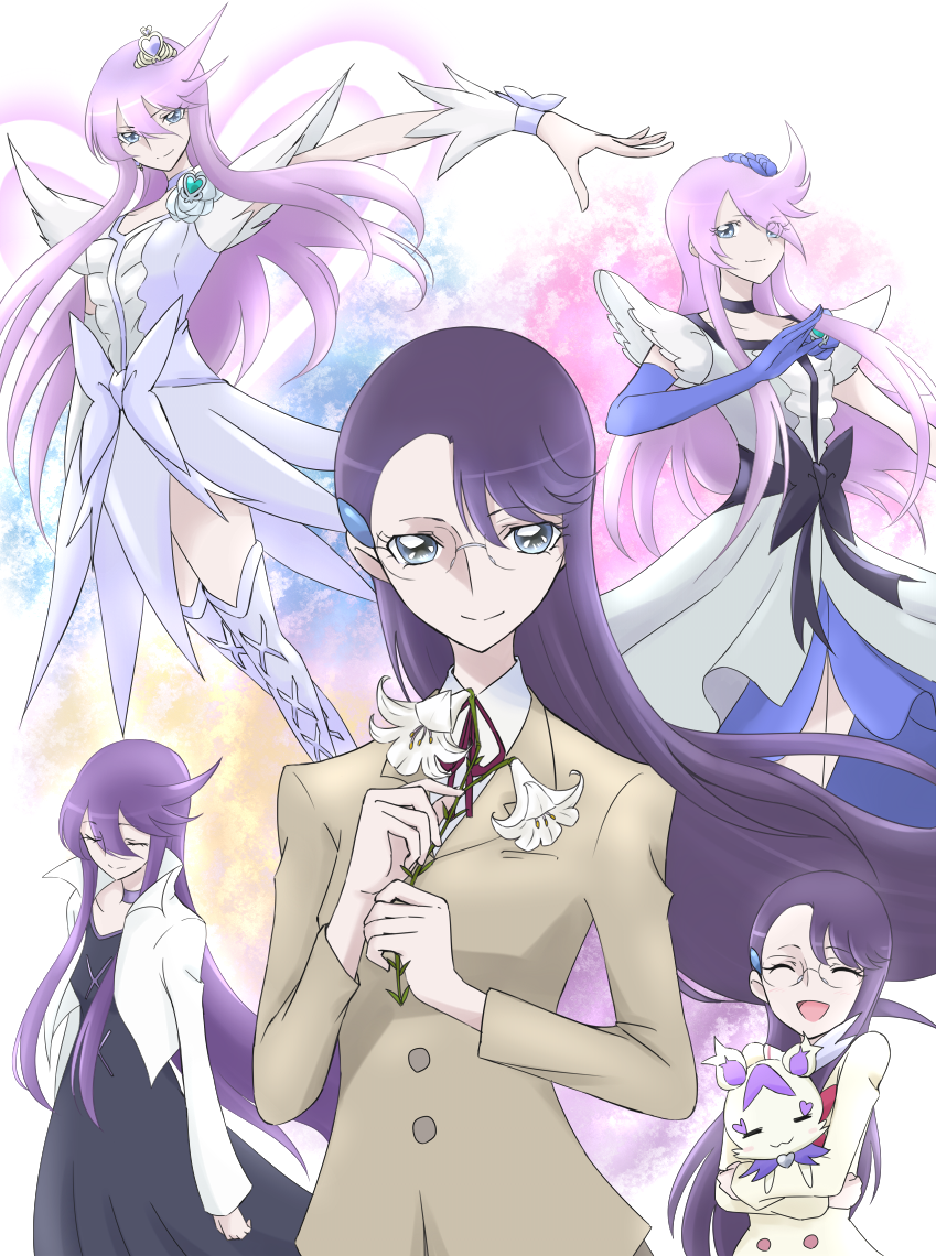 1girl :3 ^_^ blue_eyes bow choker closed_eyes cologne_(heartcatch_precure!) cure_moonlight cure_moonlight_mirage dress female flower gacchahero glasses hair_flower hair_ornament heart heartcatch_precure! lavender_hair long_hair looking_at_viewer magical_girl precure purple_hair rose school_uniform smile super_silhouette_(heartcatch_precure!) tsukikage_yuri wrist_cuffs