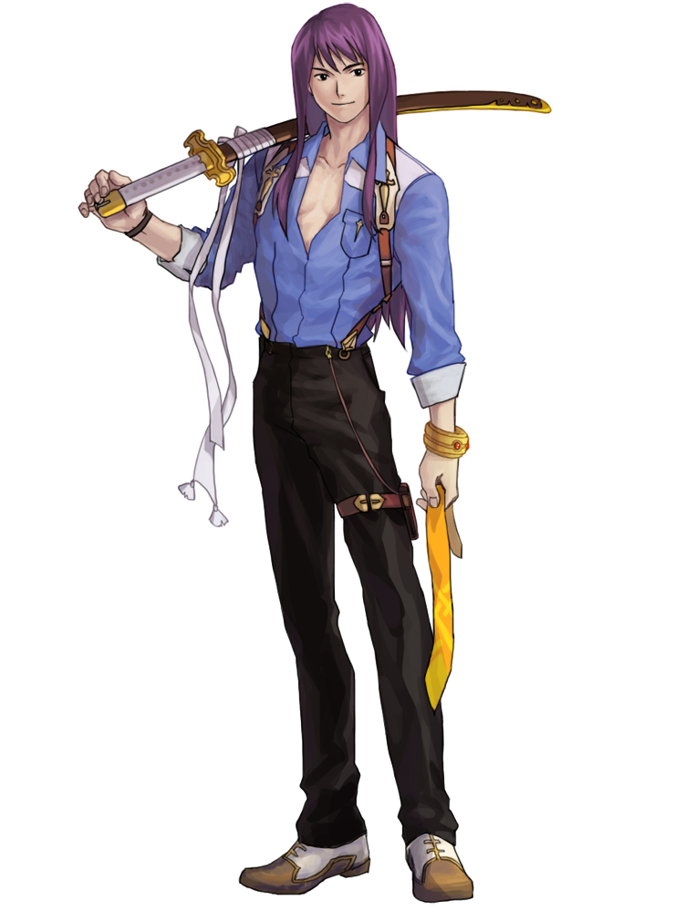 1boy long_hair ludger_will_kresnik_(cosplay) male purple_hair solo suspenders sword tales_of_(series) tales_of_vesperia tales_of_xillia tales_of_xillia_2 thigh_strap unbuttoned weapon yuri_lowell