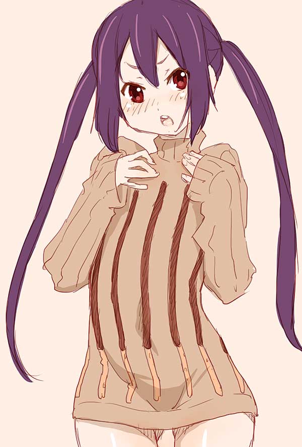1girl blush k-on! long_hair looking_at_viewer nakano_azusa open_mouth pocky purple_hair red_eyes ribbed_sweater shinama solo sweater
