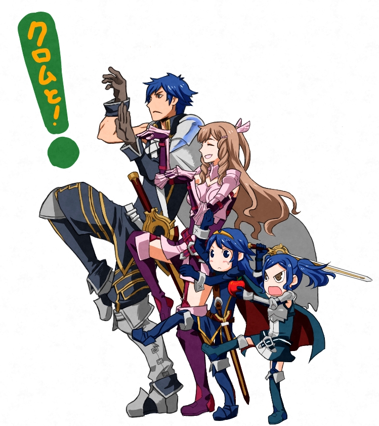 1boy 3girls ^_^ apple ariazi armor blue_eyes blue_hair boots brown_eyes brown_hair cape closed_eyes cynthia_(fire_emblem) family fire_emblem fire_emblem:_kakusei food fruit garter_straps gloves knee_boots krom lucina multiple_girls parody standing_on_one_leg sumia sword twintails weapon yotsubato! yotsubato!_pose