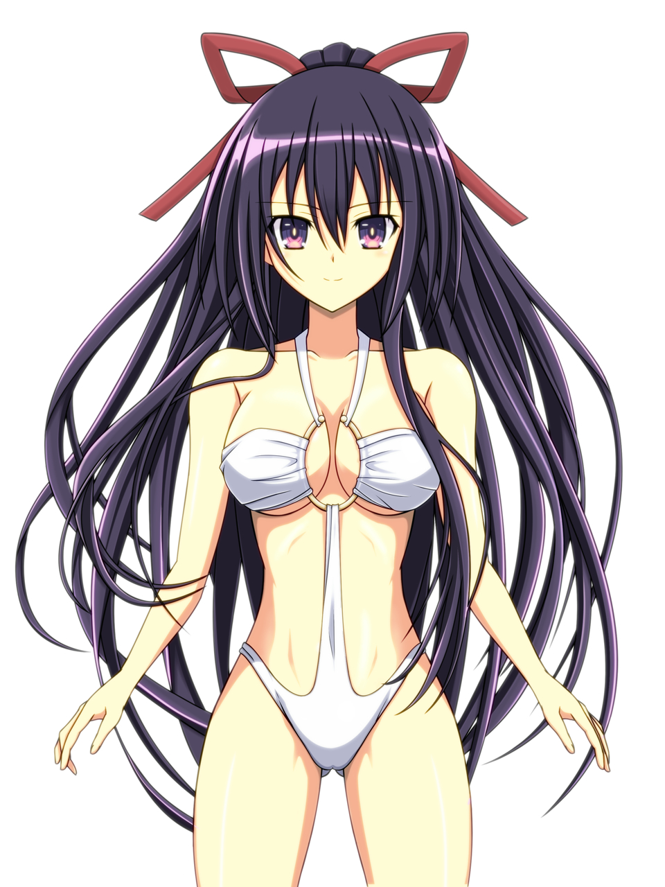 1girl black_hair breasts casual_one-piece_swimsuit cleavage date_a_live egichan highres long_hair one-piece_swimsuit standing swimsuit violet_eyes yatogami_tooka