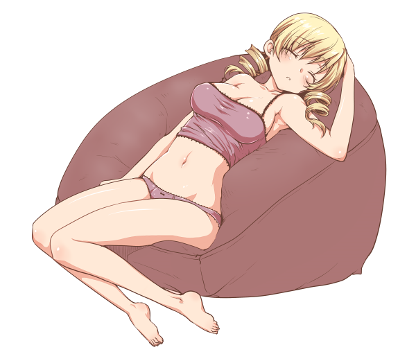 1girl barefoot blonde_hair blush breasts camisole cleavage drill_hair large_breasts mahou_shoujo_madoka_magica navel panties po_ni simple_background sleeping solo tomoe_mami twin_drills underwear white_background