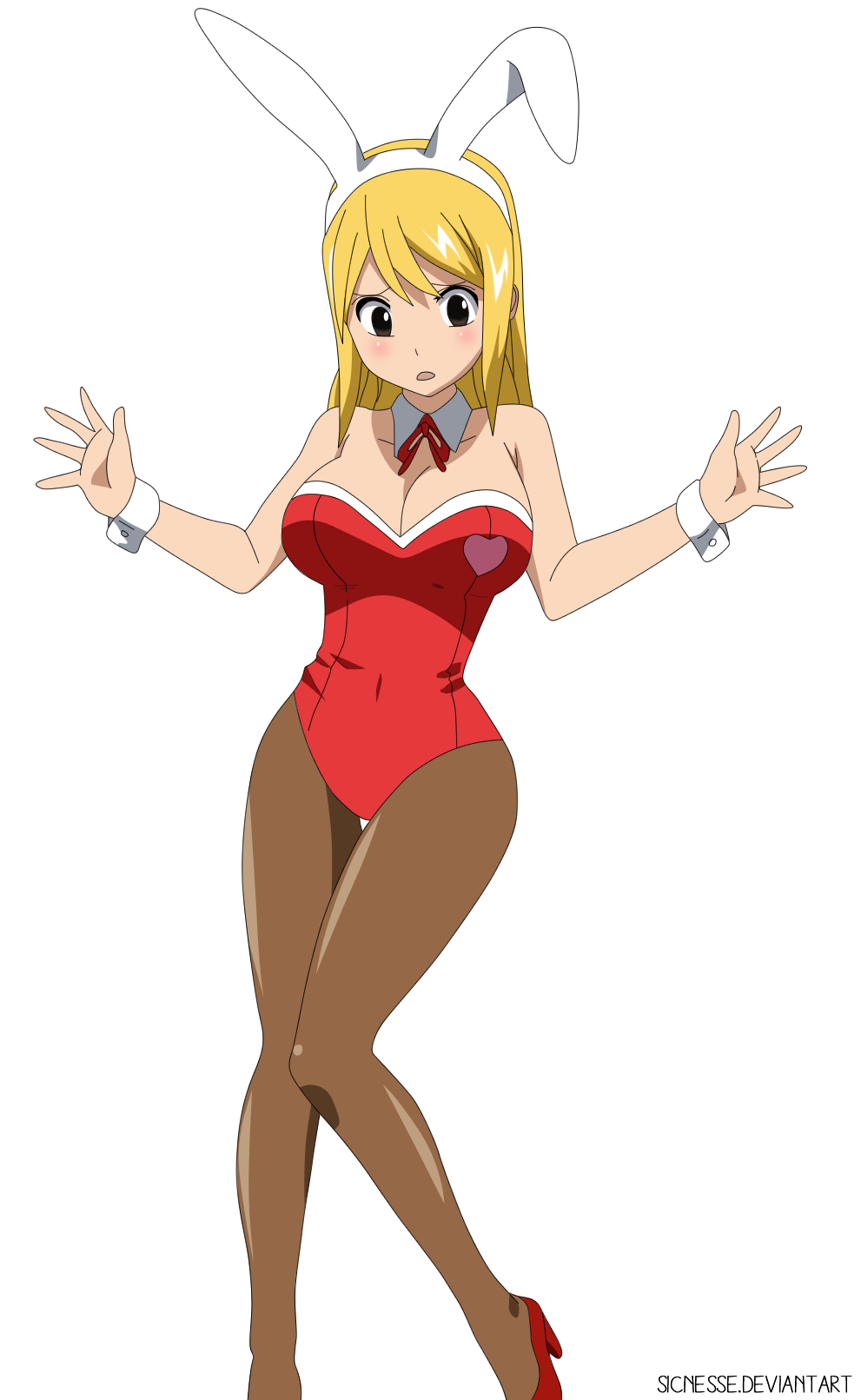 1girl animal_ears blonde blush brown_eyes bunny_girl bunny_hood cleavage embarrassed fairy_tail heart high_heels highres large_breasts leotard long_hair lucy_heartfilia pantyhose rabbit_ears solo transparent_background wrist_cuffs