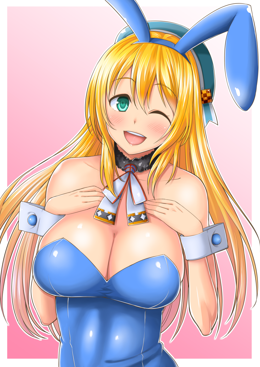 1girl ;d animal_ears atago_(kantai_collection) bare_shoulders beret blonde_hair blue_eyes blush border breast_suppress breasts bunnysuit choker cleavage collarbone fake_animal_ears gradient gradient_background green_eyes hat kantai_collection kisaragi_yuki large_breasts long_hair open_mouth pink_background rabbit_ears smile solo wink wrist_cuffs