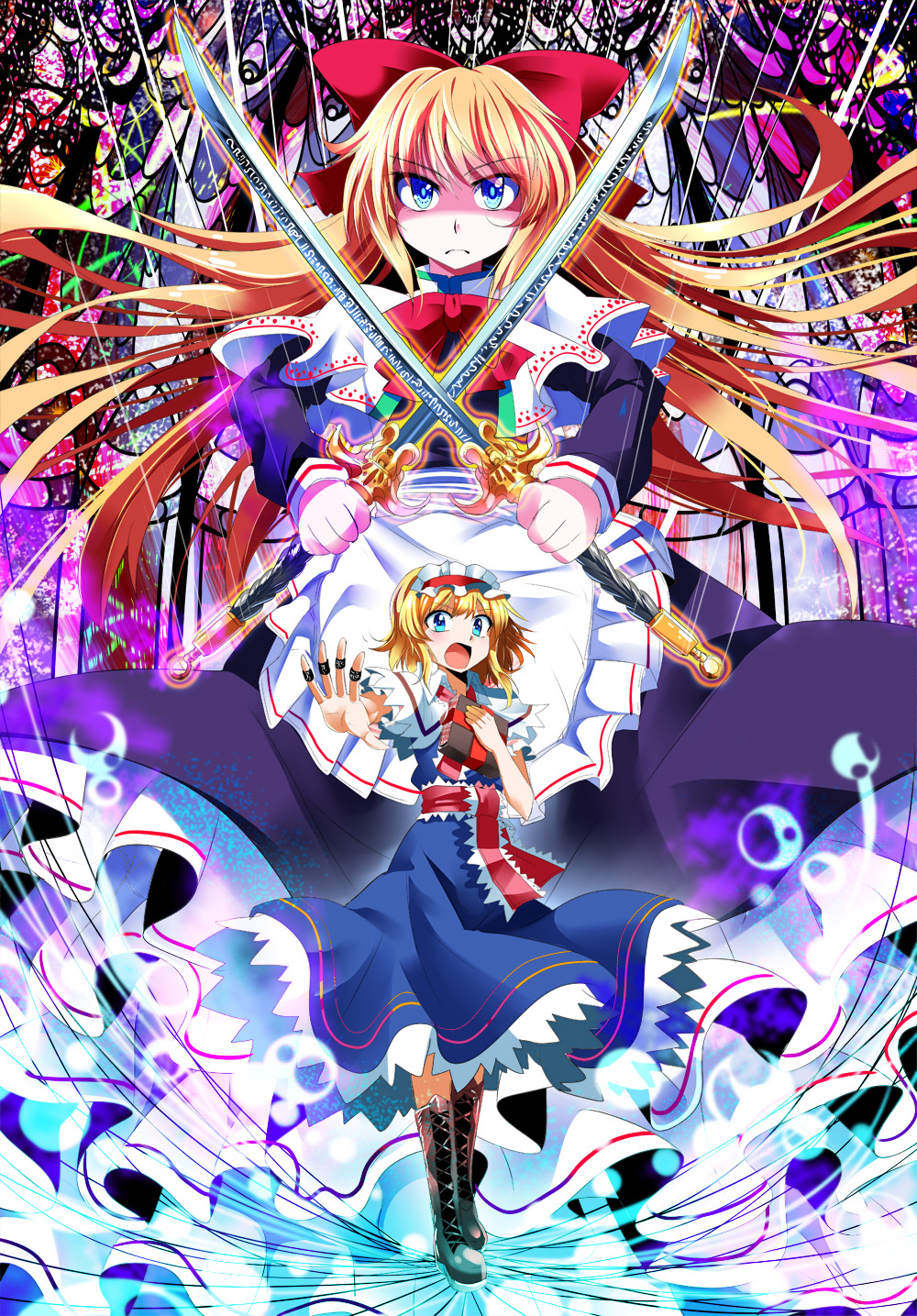 1girl alice_margatroid apron blonde_hair blue_dress blue_eyes boots bow capelet cross-laced_footwear dress dual_wielding e.o. goliath_doll hair_bow hairband highres jewelry katana lolita_hairband long_hair long_sleeves looking_at_viewer open_mouth ring sash shaded_face short_sleeves sword touhou very_long_hair waist_apron weapon