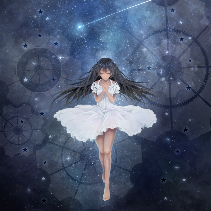 1girl aymraaa barefoot black_hair captain_earth closed_eyes dark_skin dress hands_clasped long_hair mutou_hana praying shooting_star solo star sundress