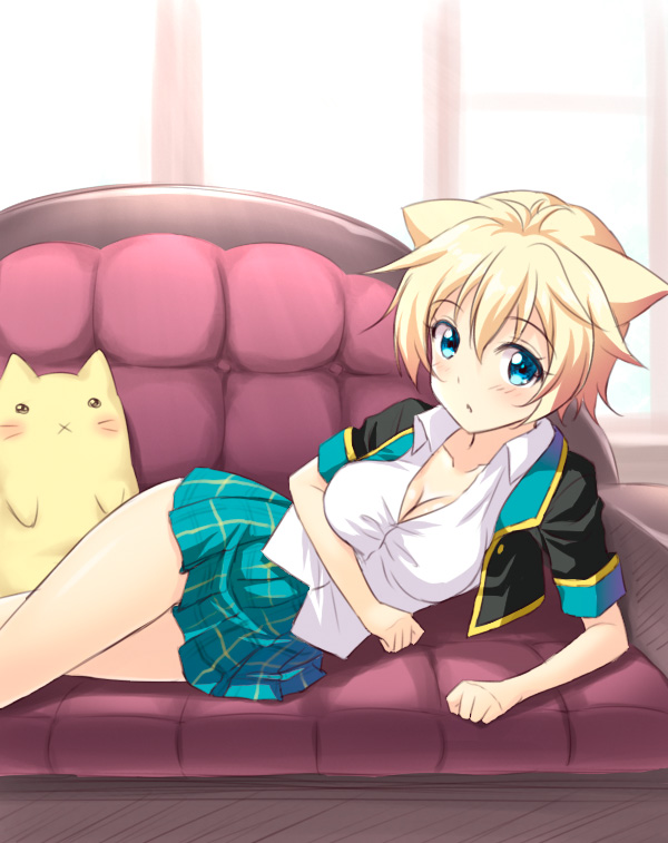 1girl blonde_hair blue_eyes cat couch gj-bu kirara_bernstein lying masakichi_(crossroad) on_side school_uniform short_hair stuffed_animal stuffed_toy