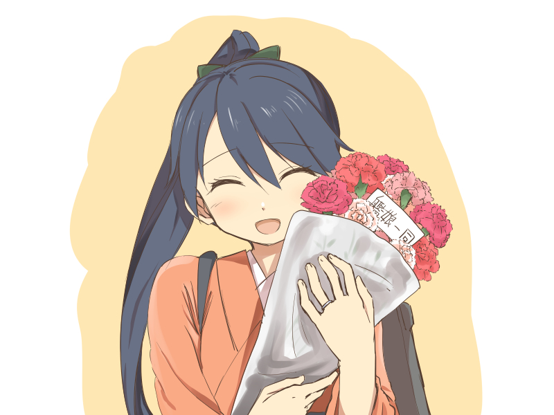 1girl black_hair bouquet closed_eyes flower houshou_(kantai_collection) japanese_clothes jewelry kantai_collection long_hair mother's_day open_mouth personification ponytail ring shimotsuki_iko smile solo wedding_band