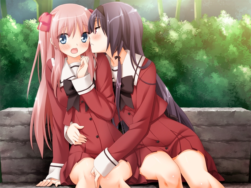 2girls aqua_eyes ayase_miya azumi_risa blonde_hair bow game_cg hair_bow hairband long_hair multiple_girls official_art open_mouth outdoors peko pink_hair pleated_skirt school_uniform sitting skirt sleeves_past_wrists sono_hanabira_ni_kuchizuke_wo stare