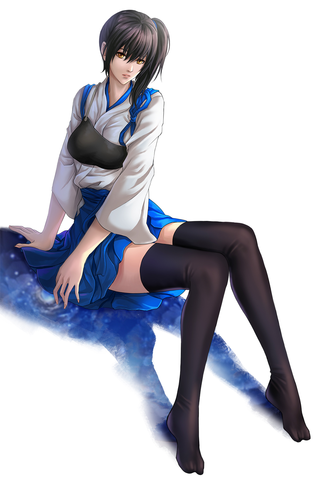 1girl brown_hair expressionless highres kaga_(kantai_collection) kantai_collection muneate pengnangehao ponytail shadow side_ponytail solo thigh-highs yellow_eyes zettai_ryouiki