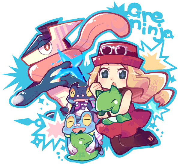 1girl blonde_hair froakie frogadier greninja hat kakei_(shark5) master_ball poke_ball pokemon pokemon_(creature) pokemon_(game) pokemon_xy serena_(pokemon) shuriken skirt substitute sunglasses sunglasses_on_head tongue tongue_out