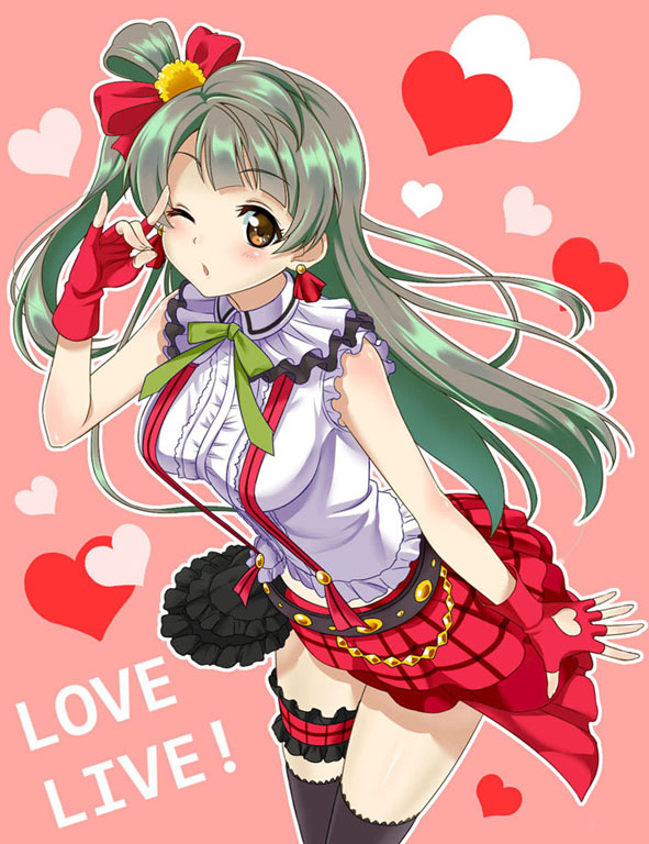 1girl black_legwear blush bow breasts brown_eyes brown_hair copyright_name cowboy_shot earrings english fingerless_gloves frills gloves hair_bow heart idol jewelry leg_garter long_hair looking_at_viewer love_live!_school_idol_project minami_kotori neck_ribbon open_mouth outline pink_background ponytail red_gloves ribbon shirt side_ponytail skirt sleeveless solo suspenders taturouxs wink