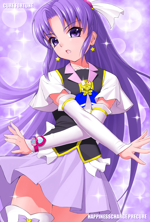 1girl amane_satsuki arm_warmers brooch character_name copyright_name crossed_arms cure_fortune earrings hair_ornament hairpin happinesscharge_precure! hikawa_iona jewelry light_particles long_hair magical_girl precure purple purple_background purple_hair purple_skirt skirt solo sparkle violet_eyes
