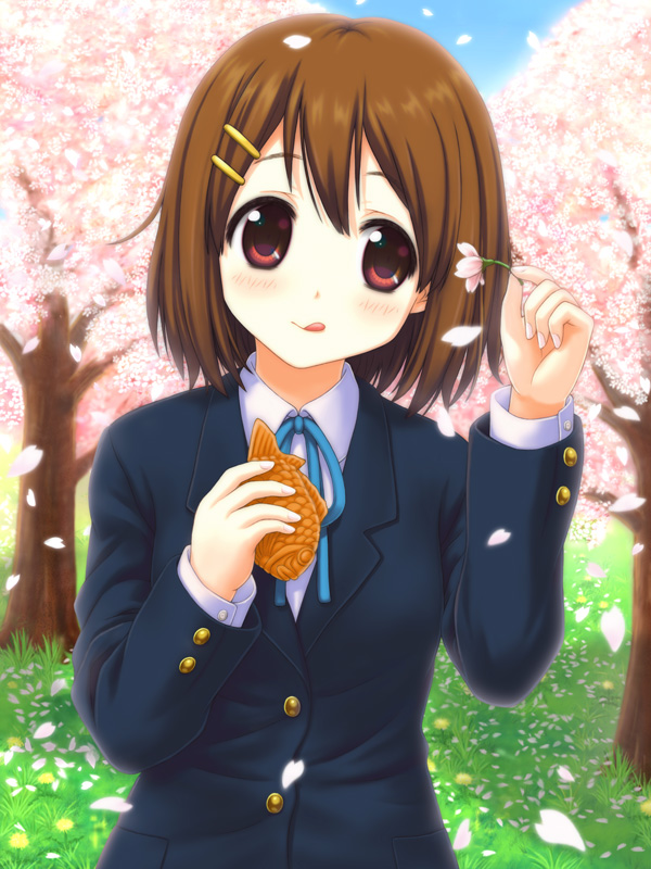 1girl aoi_akua brown_eyes brown_hair cherry_blossoms flower food hirasawa_yui k-on! school_uniform short_hair taiyaki tongue tongue_out tree wagashi