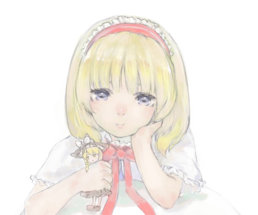 1girl alice_margatroid blonde_hair blue_eyes bust capelet character_doll expressionless hairband head_rest kirisame_marisa lolita_hairband looking_at_viewer masuchi ribbon short_hair simple_background solo touhou white_background