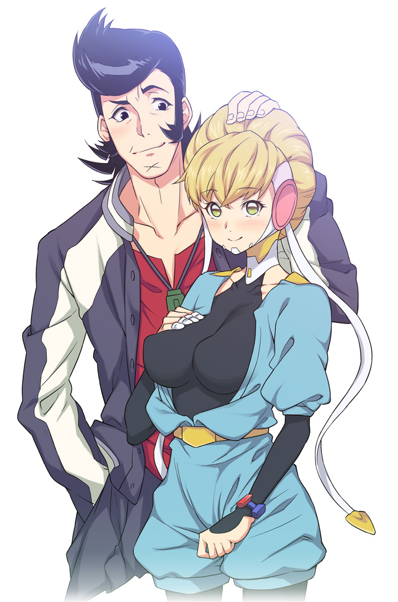 1boy 1girl adelie_(space_dandy) akihazama black_hair blonde_hair breasts dandy_(space_dandy) highres long_hair pompadour smile space_dandy