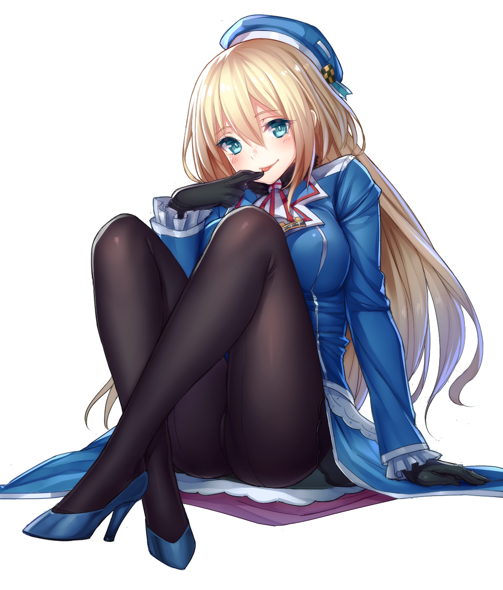 1girl atago_(kantai_collection) black_gloves black_legwear blonde_hair blush breasts gloves green_eyes hat kantai_collection large_breasts long_hair military military_uniform pantyhose simple_background smile solo steelleets tongue tongue_out uniform white_background