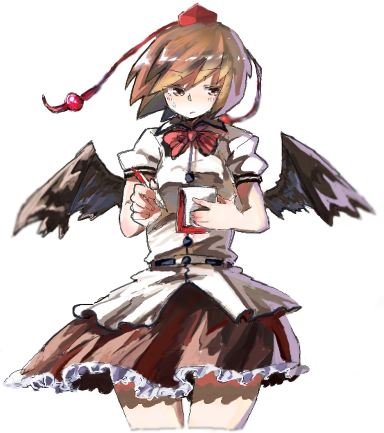 1girl blouse brown_eyes brown_hair crows-bmc faux_traditional_media frilled_skirt frills hat miniskirt pencil ribbon shameimaru_aya short_hair skirt skirt_set solo standing tokin_hat touhou wings writing_on_hand