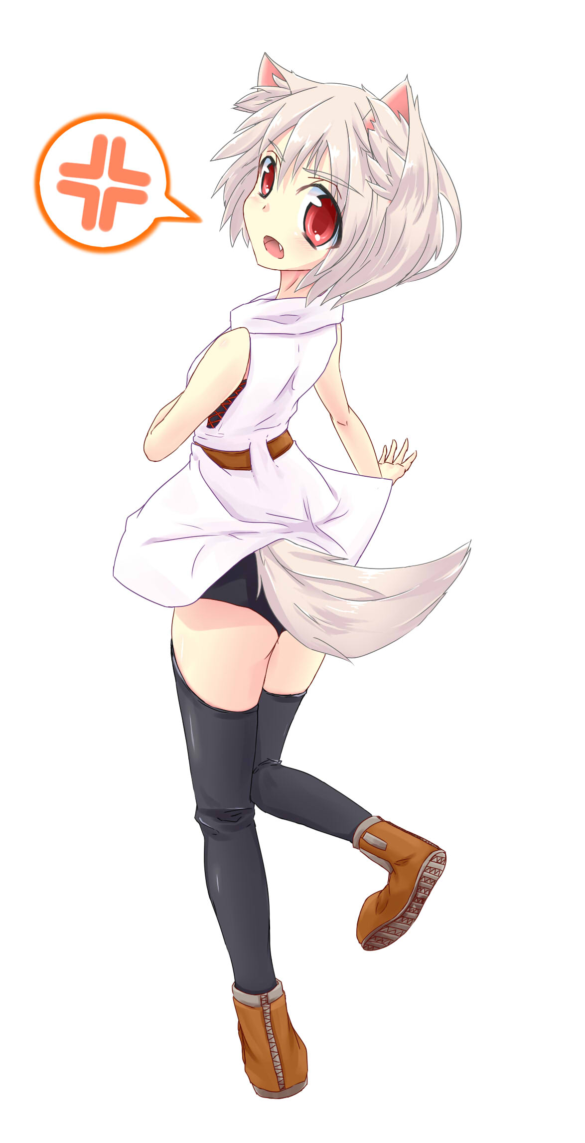 1girl anger_vein animal_ears bare_shoulders black_legwear black_panties blush casual contemporary fang highres inubashiri_momiji looking_at_viewer miniskirt no_hat open_mouth panties red_eyes shirt shoes short_hair silver_hair skirt solo tail touhou underwear white_shirt wolf_ears wolf_tail