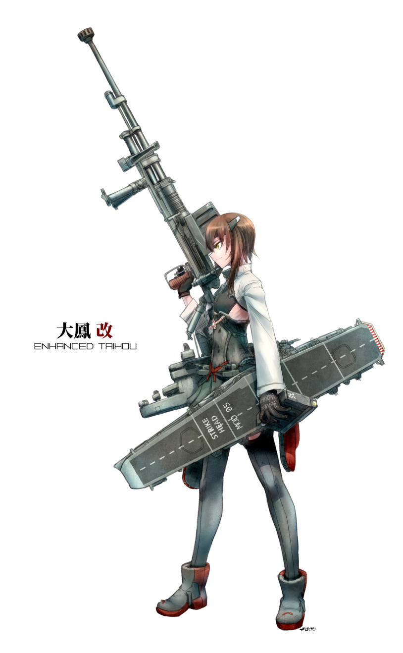 1girl black_legwear brown_eyes brown_hair cannon didloaded flat_chest headband headgear highres kantai_collection personification pleated_skirt short_hair skirt solo taihou_(kantai_collection) thigh-highs weapon