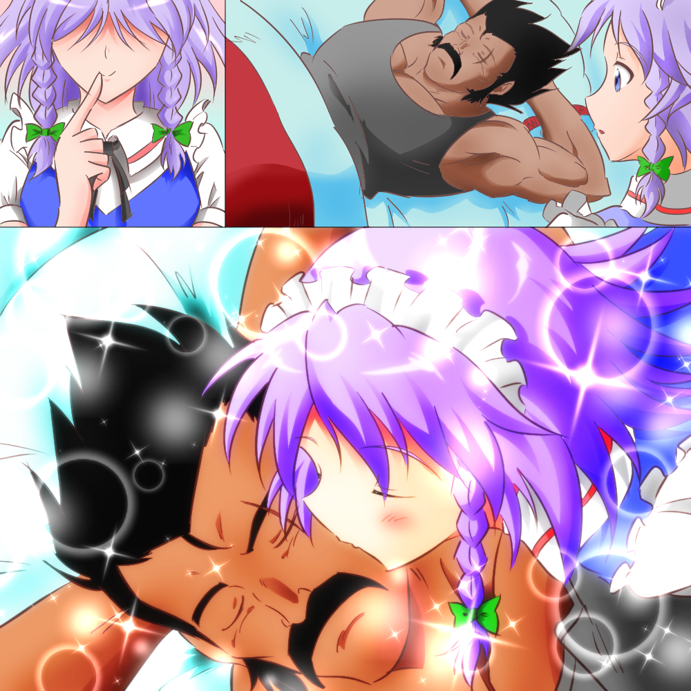 1boy 1girl black_hair blue_eyes blush crossover dragon_ball dragon_ball_z facial_hair hair_ribbon hands_on_head izayoi_sakuya kiss maid muscle mustache paragus puffy_short_sleeves puffy_sleeves ribbon scar short_hair short_sleeves silver_hair sleeping smile spiky_hair touhou vest