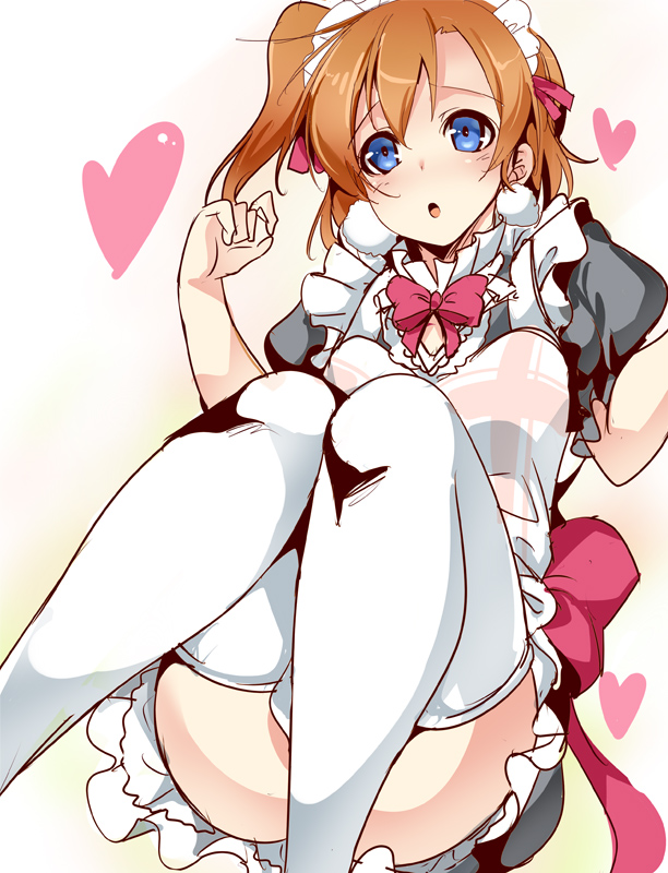 1girl ajishio alternate_costume apron blue_eyes blush brown_hair enmaided kousaka_honoka love_live!_school_idol_project maid maid_headdress open_mouth short_hair side_ponytail solo thigh-highs