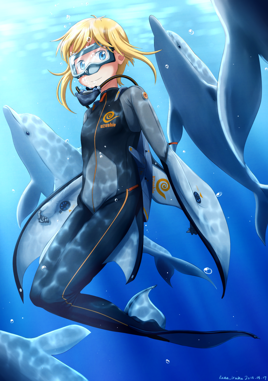 1girl blonde_hair blue_eyes bodysuit diving_mask dolphin flippers goggles highres kama_iruka original scuba short_hair smile snorkel solo underwater wetsuit