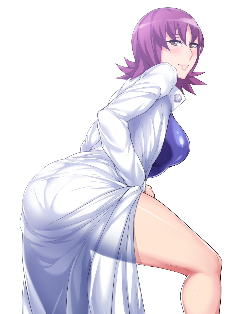 1girl ass black_beat breasts highres labcoat large_breasts looking_at_viewer pokemon pokemon_(anime) short_hair simple_background smile solo swimsuit thighs uchikido_(pokemon) violet_eyes white_background
