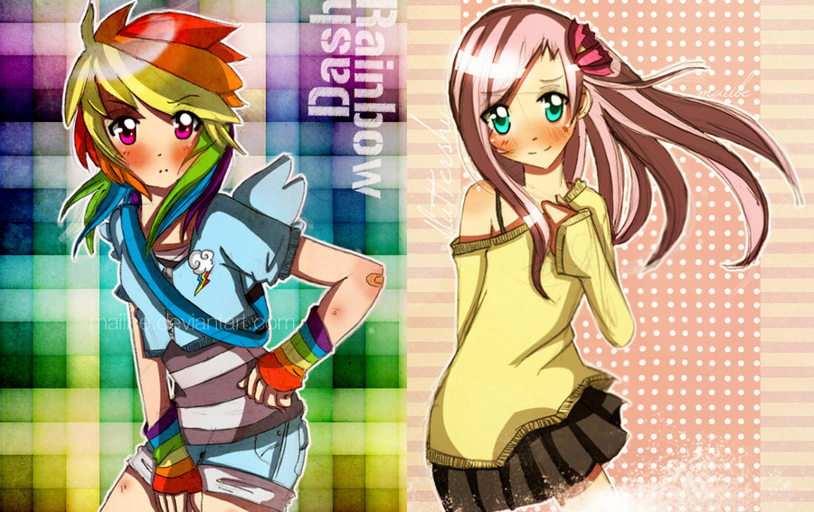 2girls aqua_eyes bandaid blush duo flower fluttershy hair_flower long_hair maiibe multicolored_hair multiple_girls my_little_pony my_little_pony:_friendship_is_magic pink_eyes pink_hair rainbow_dash rainbow_hair shorts skirt smile wings