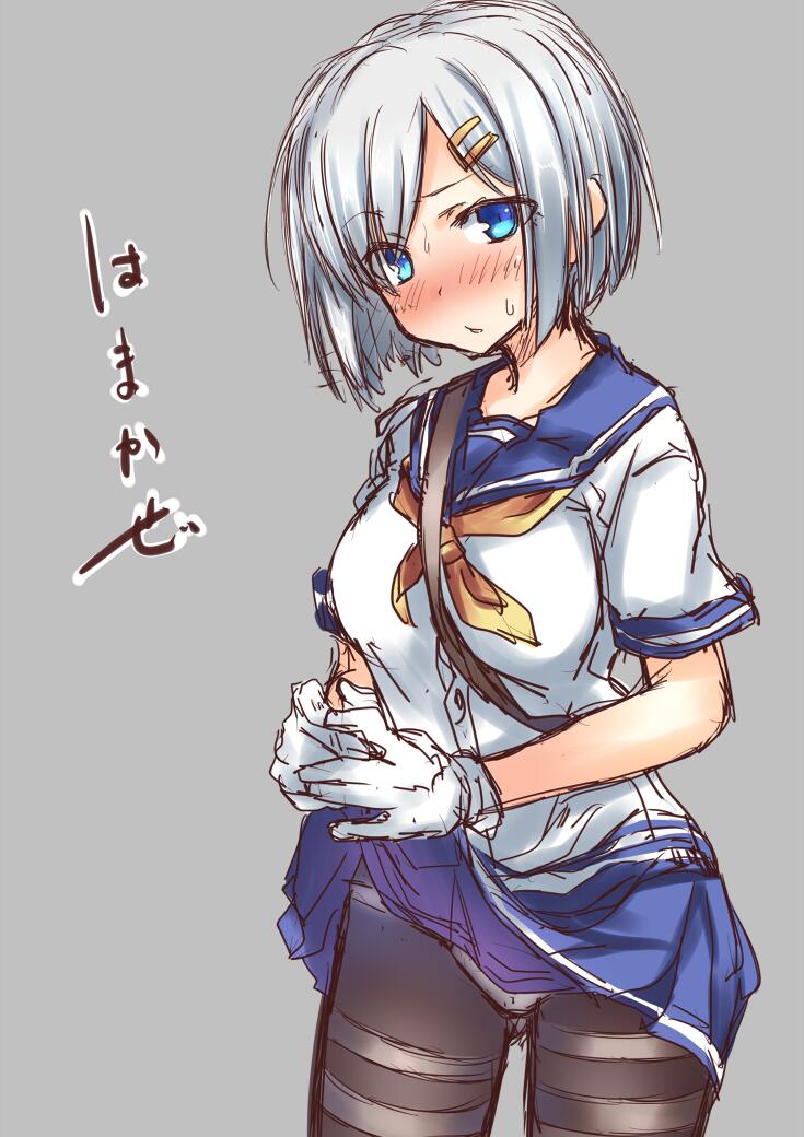 1girl black_legwear blue_eyes blush breasts gloves hair_ornament hair_over_one_eye hairclip hamakaze_(kantai_collection) kantai_collection panties panties_under_pantyhose pantyhose personification pleated_skirt school_uniform serafuku short_hair silver_hair skirt solo spirytus_tarou underwear white_gloves