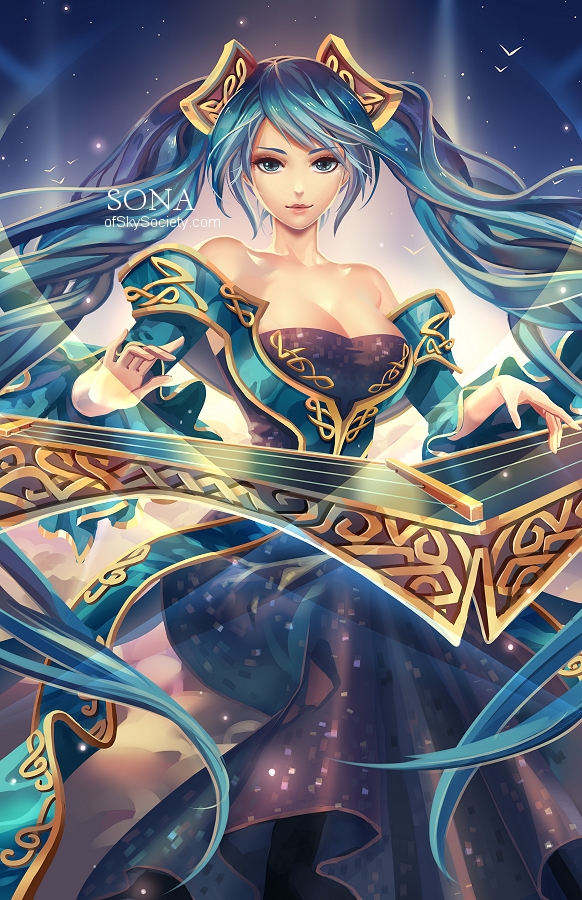 1girl alice_jing aqua_hair blue_dress blue_eyes bow breasts cleavage dress etwahl hair_bow hair_ornament instrument large_breasts league_of_legends lips long_dress long_hair looking_at_viewer off_shoulder sitting smile solo sona_buvelle twintails very_long_hair wide_sleeves