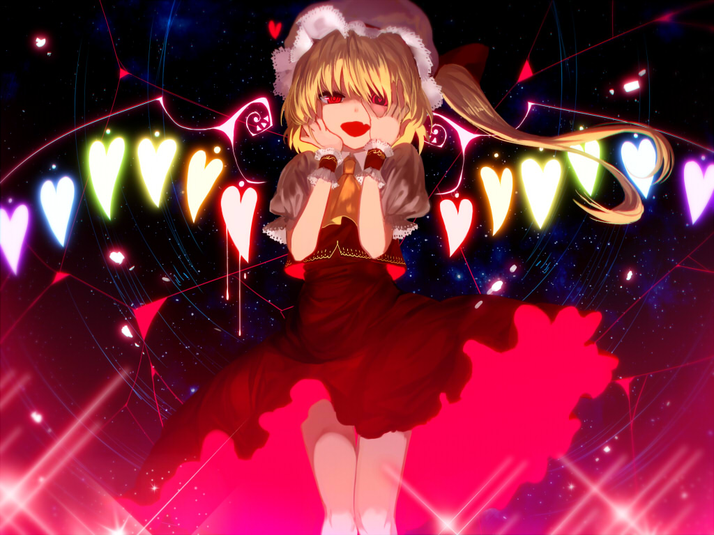 1girl ascot bare_legs blonde_hair flandre_scarlet hat heart heart-shaped_pupils lace long_hair open_mouth red_eyes side_ponytail skirt skirt_set smile solo symbol-shaped_pupils touhou wings yandere yusano
