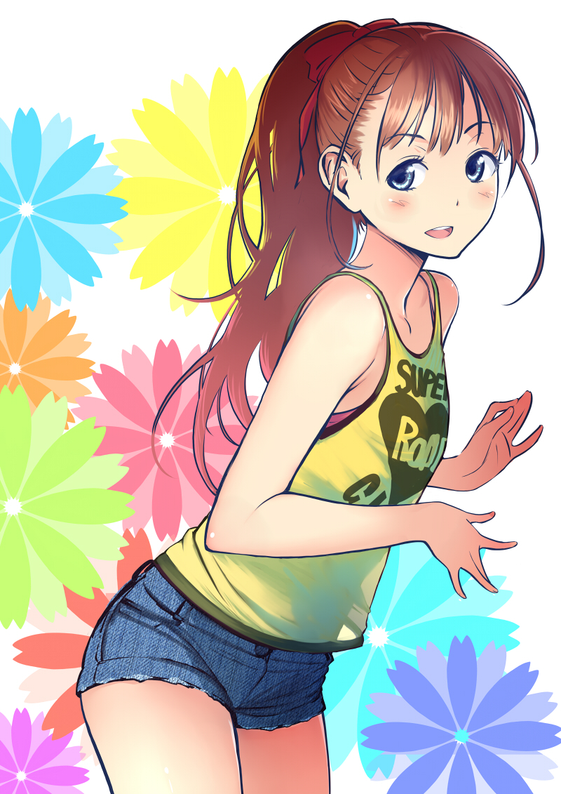 1girl blue_eyes brown_hair long_hair looking_at_viewer original ponytail see-through_silhouette short_shorts shorts smile solo twinpoo