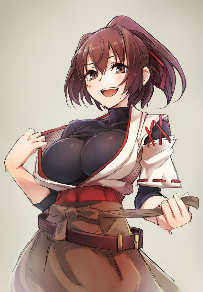 1girl breasts brown_eyes brown_hair hair_ribbon highres ise_(kantai_collection) japanese_clothes kantai_collection large_breasts looking_at_viewer open_mouth personification ponytail ribbon rough short_hair smile solo taishi_(artist)