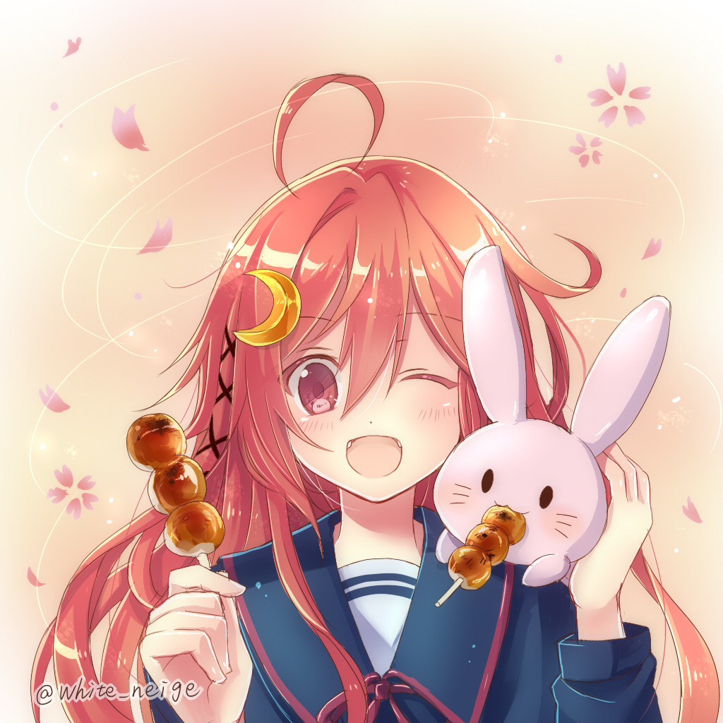 1girl ;d ahoge animal_on_shoulder crescent_hair_ornament dango fang female food food_in_mouth hair_ornament hair_ribbon holding_food kantai_collection long_hair looking_at_viewer open_mouth personification petals rabbit red_eyes redhead ribbon school_uniform serafuku smile solo twitter_username uzuki_(kantai_collection) wagashi white_s wink