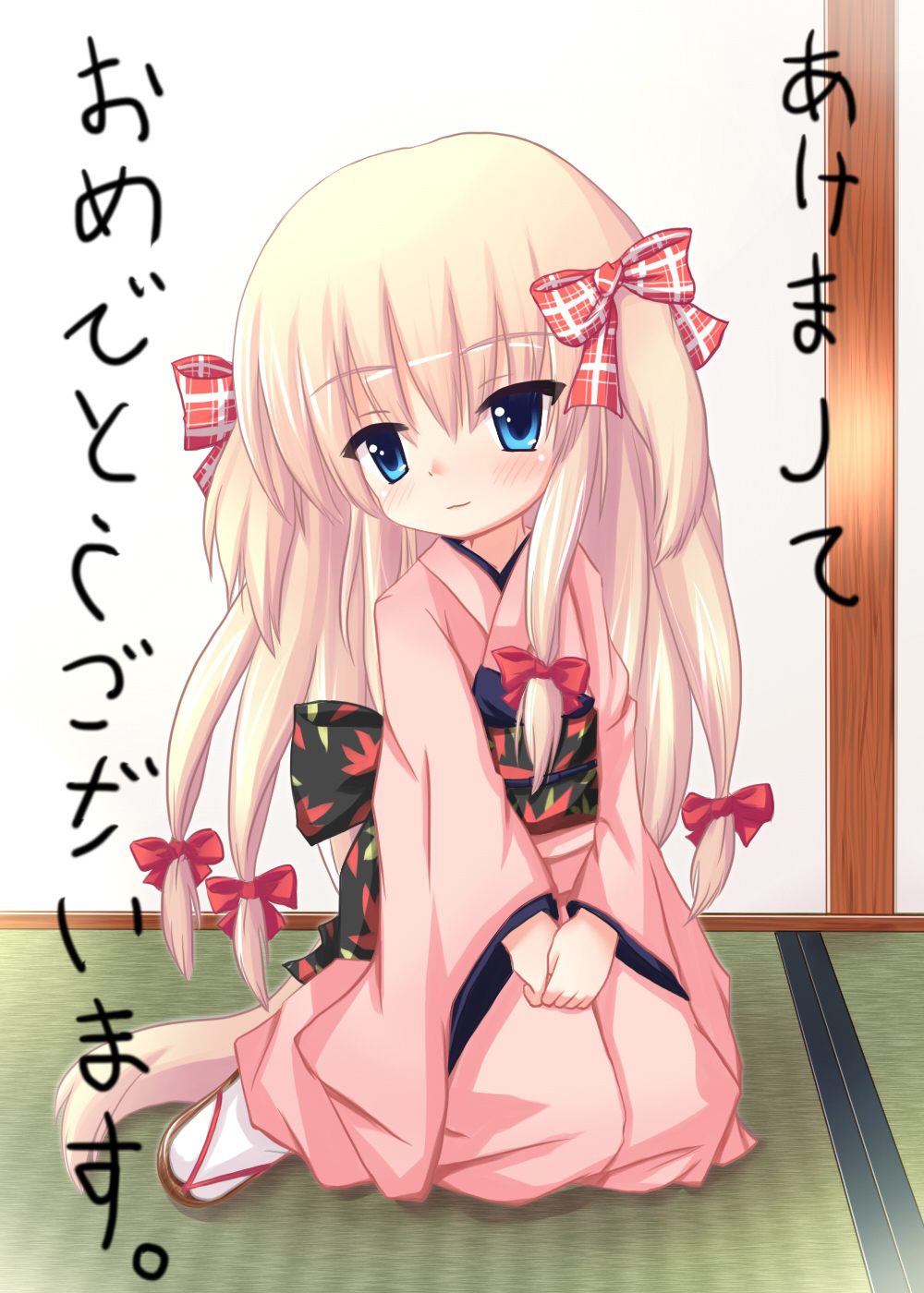 1girl blonde_hair blue_eyes bow dog_tail hair_bow highres i3 japanese_clothes kimono long_hair obi sandals sash silviana sitting smile tail tied_hair translated wanko_to_kurasou yukata