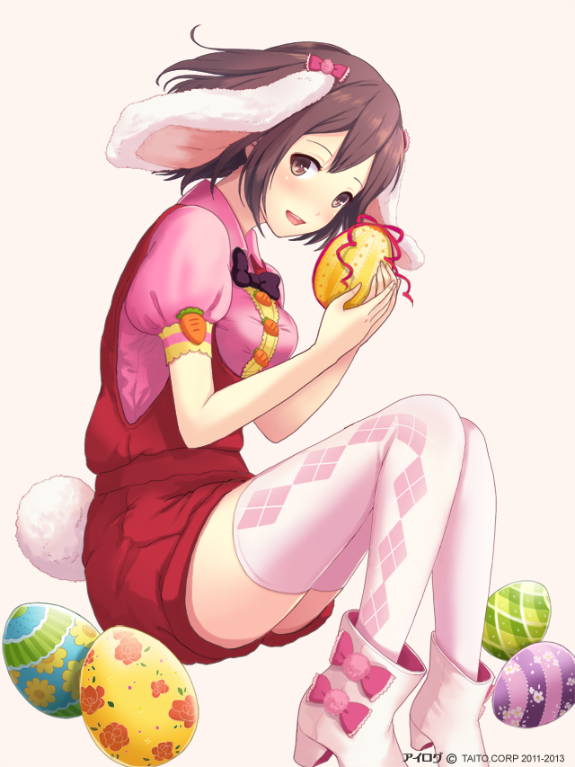 1girl :d animal_ears blush brown_eyes brown_hair bunny_tail easter_egg holding ilog looking_at_viewer occhan_(artist) official_art open_mouth rabbit_ears short_hair sitting smile solo tagme tail