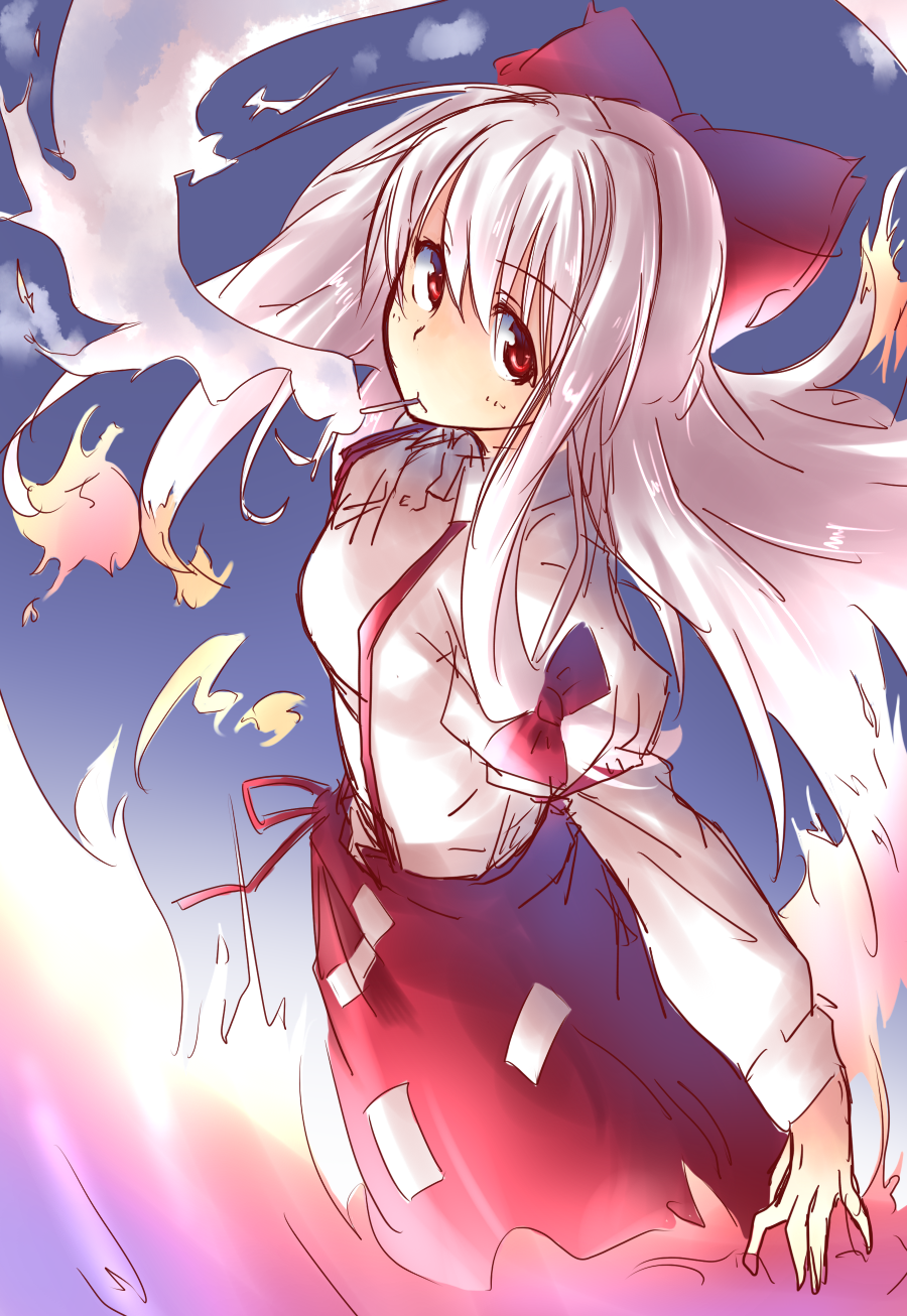 1girl bow fujiwara_no_mokou hair_bow highres long_hair looking_at_viewer red_eyes solo spirytus_tarou suspenders touhou very_long_hair