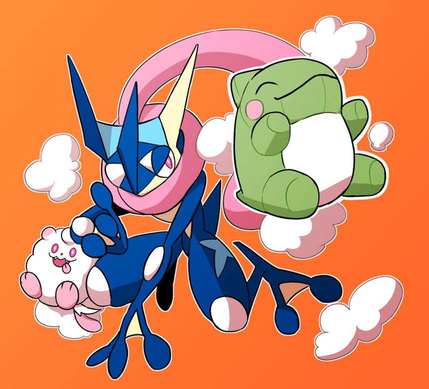 greninja maruwa no_humans pokemon pokemon_(creature) pokemon_(game) substitute swirlix